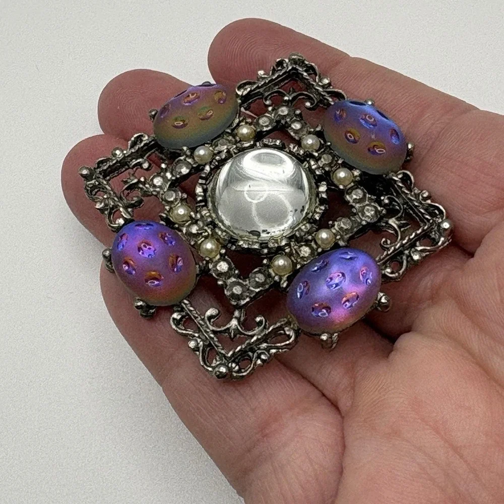 Vintage Molded Moonglow Glass Brooch AB Blue Purple Cabochon Victorian Revival
